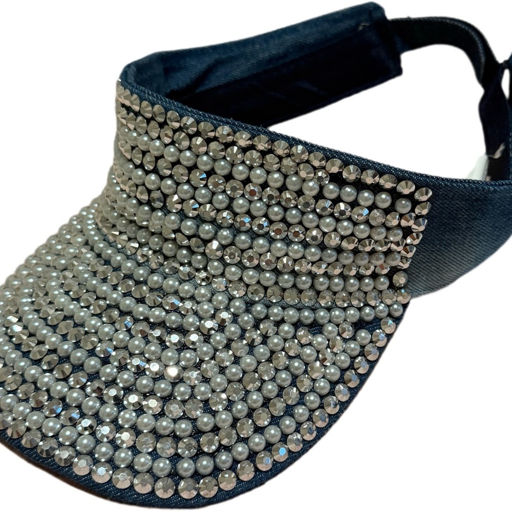 NWT 29 Palms Rhinestone Denim Visor Hat Full Bling Pearl Hat Adjustable One Size - Picture 2 of 2